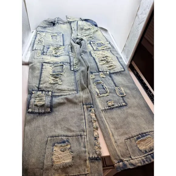 Hengsheng Jeans Women's Size 30 Light Wash Denim Patchwork Straight Leg Jeans - Picture 3 of 16